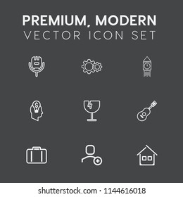 Modern, simple vector icon set on dark grey background with studio, karaoke, microphone, shattered, clock, house, concert, sing, guitar, window, crash, singer, graphic, bag, travel, baggage, web icons