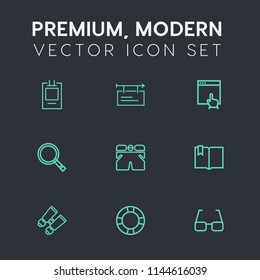 Modern, simple vector icon set on dark grey background with summer, eye, magnifying, find, tag, eyeglasses, search, spy, retro, cursor, pool, water, blank, internet, shorts, arrow, watch, book icons