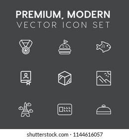 Modern, simple vector icon set on dark grey background with package, tomato, product, tower, victory, packaging, reward, lettuce, trophy, box, france, meal, photo, luggage, scenery, contact, win icons