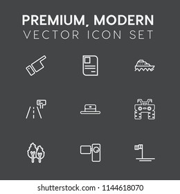 Modern, simple vector icon set on dark grey background with ship, finger, sign, head, showing, beach, hand, man, landscape, hat, water, id, blue, pointing, nature, tripod, transport, white, boat icons