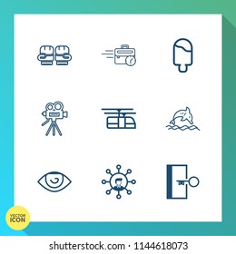 Modern, simple vector icon set on gradient background with business, cream, equipment, boxing, sky, sitting, door, eye, screen, human, exit, sign, wildlife, sweet, computer, fight, sport, glove icons