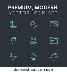 Modern, simple vector icon set on dark grey background with transportation, measurement, blank, paint, scale, ocean, view, aircraft, dollar, location, paper, urban, fly, lot, business, mexico icons