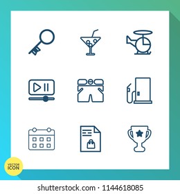 Modern, simple vector icon set on gradient background with day, first, drink, transport, timetable, glass, petrol, shorts, market, summer, schedule, oil, gasoline, notebook, award, interface icons