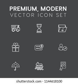 Modern, simple vector icon set on dark grey background with tipper, truck, open, boat, balance, box, ship, vehicle, ocean, hour, dumper, gift, giftbox, garbage, technology, vessel, business, sea icons