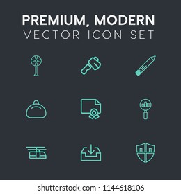Modern, simple vector icon set on dark grey background with sky, find, hammer, pen, diploma, cooler, bag, axe, blue, object, search, building, office, fan, sign, protect, screwdriver, magnifying icons