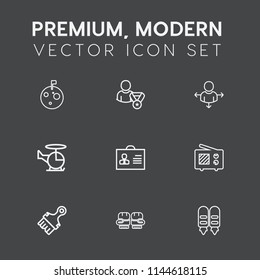 Modern, simple vector icon set on dark grey background with sport, science, woman, sign, flag, aircraft, white, female, website, planet, technology, moon, wireless, radio, paintbrush, profile,  icons