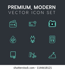 Modern, simple vector icon set on dark grey background with camera, button, sky, woman, picture, landscape, trunk, summer, coin, photography, money, currency, swimsuit, fashion, equipment, arrow icons