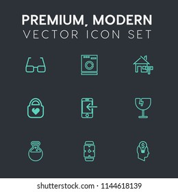 Modern, simple vector icon set on dark grey background with fashion, household, time, phone, shattered, leather, tool, medicine, hand, clock, eyeglasses, equipment, laboratory, home, technology icons