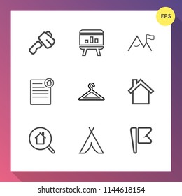 Modern, simple vector icon set on gradient background with tool, home, nation, shop, clothes, telephone, template, mobile, infographic, business, online, nature, real, search, camp, chart, cell icons