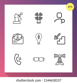 Modern, simple vector icon set on gradient background with envelope, upstairs, technology, space, wireless, computer, communication, account, cell, mobile, home, sign, pin, location, beacon, sun icons