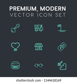 Modern, simple vector icon set on dark grey background with mexico, up, vehicle, glasses, tipper, heavy, baja, security, game, upstairs, play, ocean, beach, door, downstairs, down, building, row icons