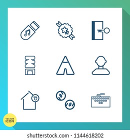 Modern, simple vector icon set on gradient background with badge, landlord, travel, computer, ribbon, adventure, banner, finance, sign, storage, camp, arrow, business, cash, label, emergency icons