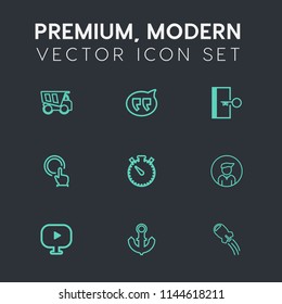 Modern, simple vector icon set on dark grey background with escape, rocket, talk, truck, dump, sign, male, hand, anchor, transport, spaceship, click, media, technology, communication, vehicle icons