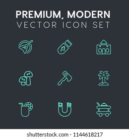 Modern, simple vector icon set on dark grey background with building, hotel, play, screwdriver, storage, tropical, summer, construction, service, pole, glass, magnetic, string, hammer, field icons