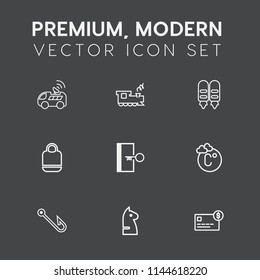Modern, simple vector icon set on dark grey background with credit, transport, road, scale, fashion, vehicle, leather, gps, rail, satellite, fahrenheit, fish, railroad, balance, game, map, drive icons