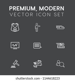 Modern, simple vector icon set on dark grey background with courthouse, rail, law, medicine, animal, diagnostic, internet, wildlife, showing, computer, sign, sky, white, lawyer, big, blue, train icons