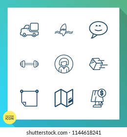 Modern, simple vector icon set on gradient background with van, lamp, chat, lady, beach, message, surfer, vehicle, delivery, ocean, girl, lorry, package, fitness, transport, light, surfing, face icons