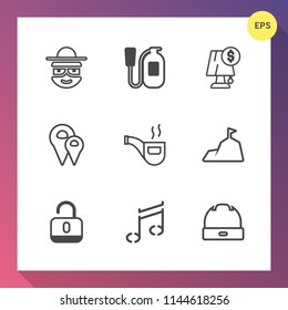 Modern, simple vector icon set on gradient background with vintage, lock, music, open, note, sky, unlock, protection, blue, tobacco, extinguisher, sound, mountain, nature, interior, character icons