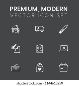 Modern, simple vector icon set on dark grey background with technology, real, bag, holiday, box, estate, buy, chat, pencil, office, tick, mortgage, style, down, emergency, object, laptop, pen icons