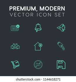 Modern, simple vector icon set on dark grey background with dollar, money, diskette, computer, home, luggage, airplane, call, airport, aircraft, finance, business, apartment, forbidden, favorite icons