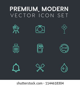 Modern, simple vector icon set on dark grey background with meat, canoe, bag, help, notification, alarm, air, grilling, service, grill, luggage, water, phone, professional, fire, abstract, mail icons