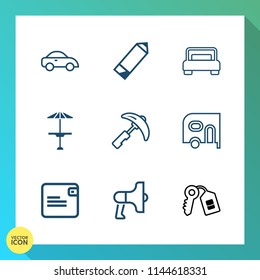 Modern, simple vector icon set on gradient background with door, sign, table, business, dollar, purse, cab, construction, house, drawing, security, office, traffic, loudspeaker, pub, picking icons