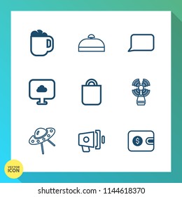 Modern, simple vector icon set on gradient background with speaker, announcement, journey, spaceship, cash, tourist, wallet, technology, beacon, lighthouse, money, cafe, drink, finance, speech icons