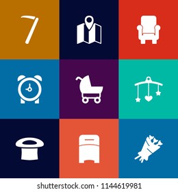Modern, simple vector icon set on colorful flat backgrounds with pin, newborn, carriage, construction, navigation, baby, sofa, travel, pram, bouquet, hat, hammer, mobile, wrench, stroller, bed icons