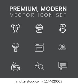 Modern, simple vector icon set on dark grey background with van, summer, web, diploma, device, container, cooking, blue, account, oven, swimming, pail, equipment, parachute, certificate, handle icons