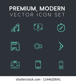 Modern, simple vector icon set on dark grey background with hotel, camera, banner, film, handle, direction, luxury, touchscreen, fishing, frame, video, business, fish, rod, phone, west, action icons