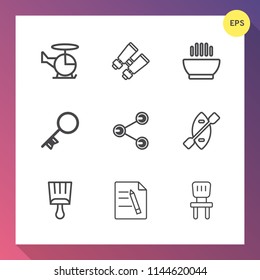 Modern, simple vector icon set on gradient background with aviation, oar, sign, chair, paint, file, chopper, interior, dish, search, spy, air, office, food, sky, social, paddle, canoe, white icons