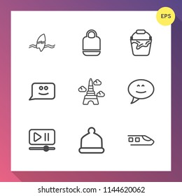 Modern, simple vector icon set on gradient background with travel, speech, bag, fashion, modern, surfboard, tower, clean, transportation, head, surfing, hat, container, object, bucket, surf, cap icons