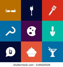 Modern, simple vector icon set on colorful flat backgrounds with phone, pan, call, doughnut, glasses, view, party, blue, harvest, alcohol, harvesting, top, shovel, ringing, summer, pot, water icons