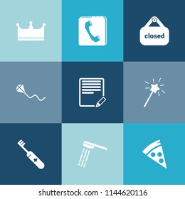 Modern, simple vector icon set on colorful blue backgrounds with contact, internet, fun, lunch, health, crown, bath, business, brush, sign, phone, door, leisure, kite, queen, care, hygiene, fly icons