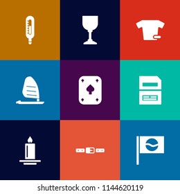 Modern, simple vector icon set on colorful flat backgrounds with wine, japanese, drink, sign, beverage, temperature, candle, decoration, game, glass, data, shirt, surf