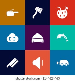 Modern, simple vector icon set on colorful flat backgrounds with summer, stew, audio, baby, cocktail, dish, wildlife, object, alcohol, juice, pot, nature, carriage, volume, cloud, tropical, up icons