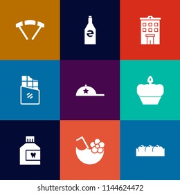 Modern, simple vector icon set on colorful flat backgrounds with clothing, parachute, clean, liquid, estate, glass, cap, care, hat, container, business, food, building, healthy, sport, dessert icons