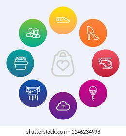 Modern, simple vector icon set on colorful circle backgrounds with internet, white, female, background, railway, parachuting, travel, transportation, helicopter, mail, railroad, speed, train icons