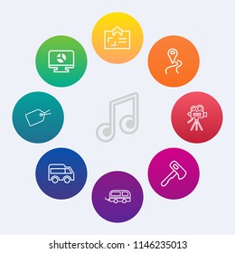 Modern, simple vector icon set on colorful circle backgrounds with web, chart, movie, infographic, hammer, melody, highway, left, screwdriver, travel, business, move, transportation, bus, banner icons