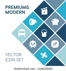 Modern, simple vector icon set on blue colorful background with restaurant, teddy, ball, station, house, transportation, orbit, music, white, paperclip, cook, planet, bear, hat, sound, electric icons