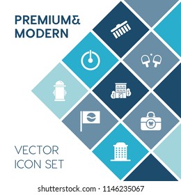 Modern, simple vector icon set on blue colorful background with competition, stain, stroke, asia, activity, japanese, creative, equipment, hygiene, collection, hydrant, switch, house, fire, play icons