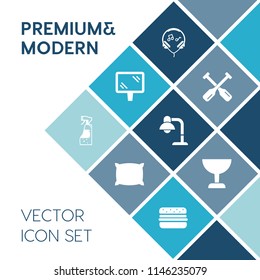 Modern, simple vector icon set on blue colorful background with soft, rowing, oar, sign, boat, bottle, audio, bedroom, headphone, home, technology, city, comfortable, traffic, fabric, sleep, sea icons