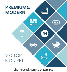 Modern, simple vector icon set on blue colorful background with child, left, dental, dentist, baby, video, news, bathroom, highway, kid, health, tooth, healthy, traffic, direction, care, arrow icons