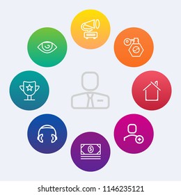 Modern, simple vector icon set on colorful circle backgrounds with audio, employer, headphone, coin, reward, bottle, ear, equipment, account, retro, web, gramophone, success, perfume, pump, eye icons