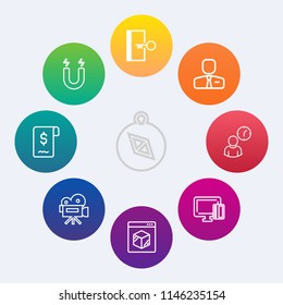 Modern, simple vector icon set on colorful circle backgrounds with science, compass, pole, safety, shipping, east, fire, north, emergency, south, tripod, sign, shopping, west, camera, education icons