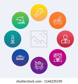 Modern, simple vector icon set on colorful circle backgrounds with business, yacht, room, chicken, satellite, telephone, employer, employee, wild, tourism, dolphin, car, spaceship, craft, travel icons