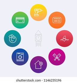 Modern, simple vector icon set on colorful circle backgrounds with money, home, surfer, balance, card, machine, thermometer, surfing, laundry, paddle, ocean, business, surf, construction, oar icons