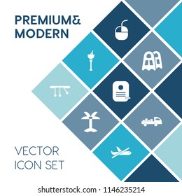 Modern, simple vector icon set on blue colorful background with tropical, glass, object, bottle, sport, sea, diver, computer, flight, shipping, click, plant, mouse, device, plane, tree, natural icons