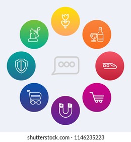 Modern, simple vector icon set on colorful circle backgrounds with orbit, summer, earth, system, transportation, chat, speech, cart, pole, wireless, red, pink, shield, technology, communication icons