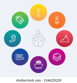 Modern, simple vector icon set on colorful circle backgrounds with blue, container, success, medal, star, box, shipping, sign, soup, suit, dinner, sea, tie, winner, food, hot, landscape, fashion icons